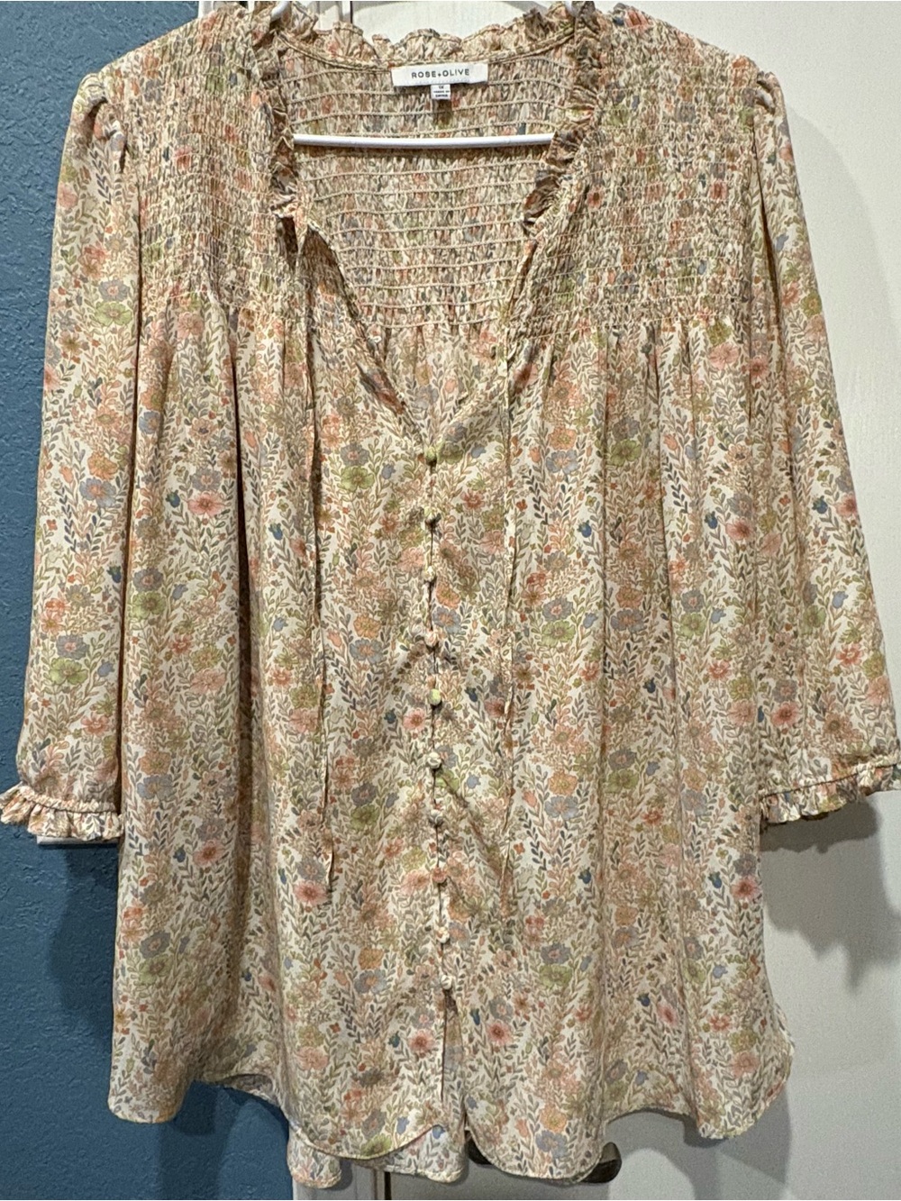 Rose & Olive Floral Ruffled Button-Front Blouse in Cream, Pink, Green